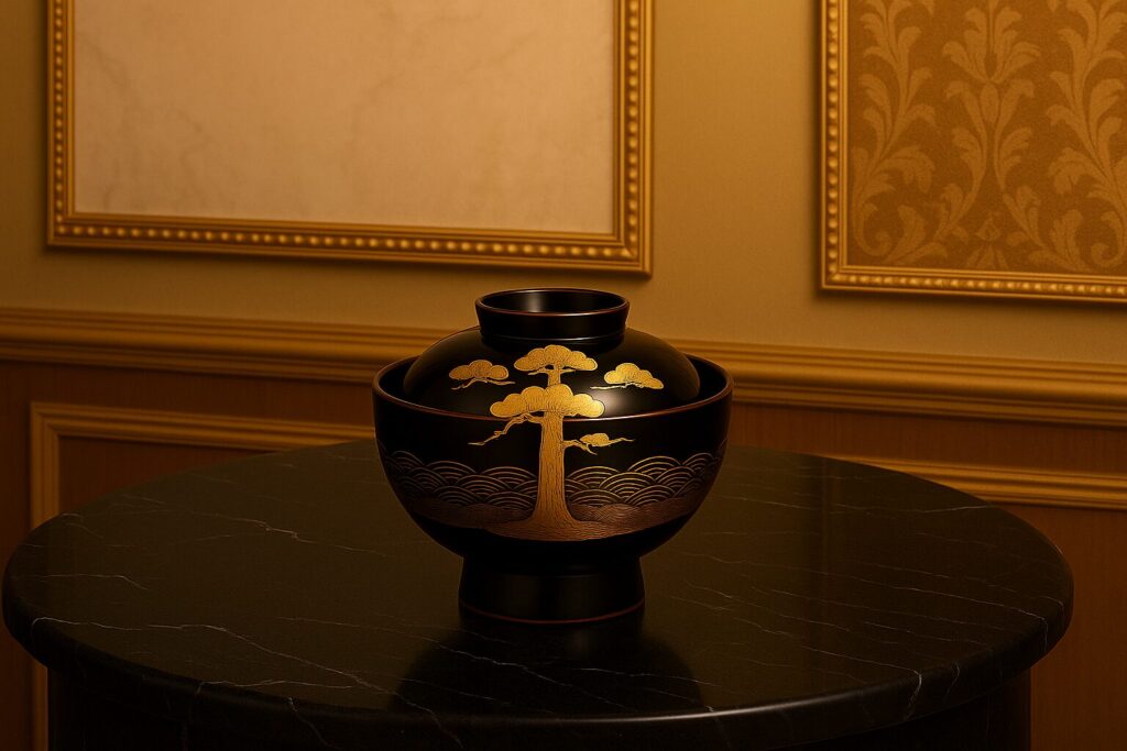 Luxury black lacquerware bowl with gold pine tree and wave design displayed on a polished black marble table in an elegant interior