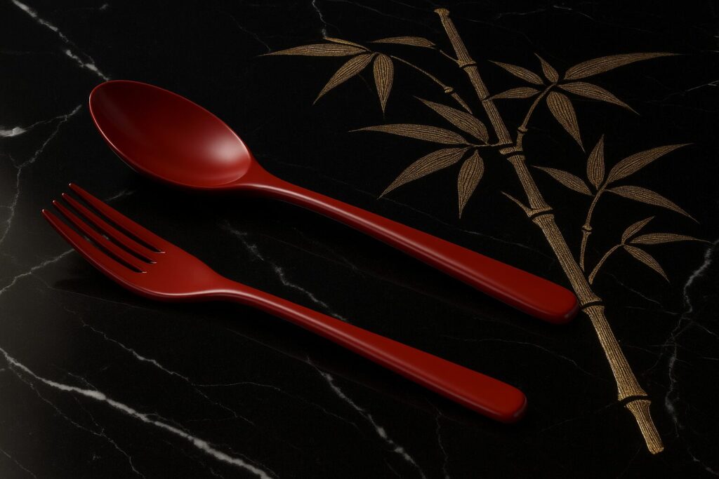 Elegant red lacquer spoon and fork set on black marble surface with gold bamboo design