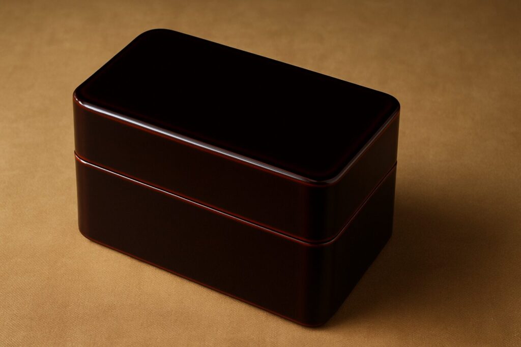 Elegant rectangular Japanese lacquered bento box in deep burgundy with a smooth glossy finish, crafted for traditional fine dining presentation