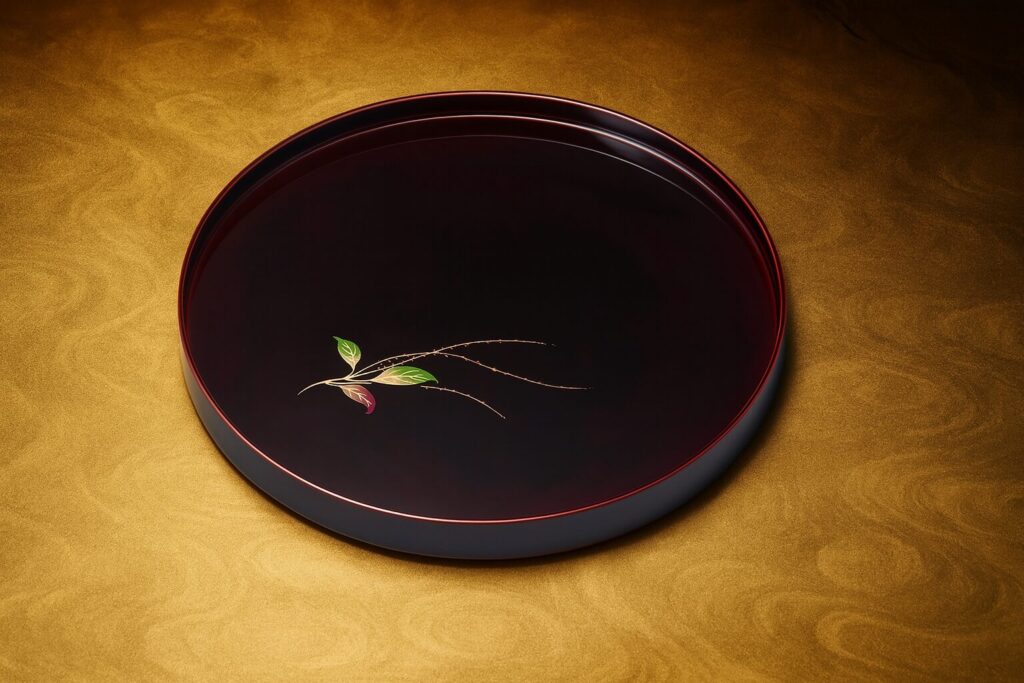Traditional Japanese lacquer serving tray with delicate leaf and grass design on a glossy deep burgundy surface, placed on a golden textured background