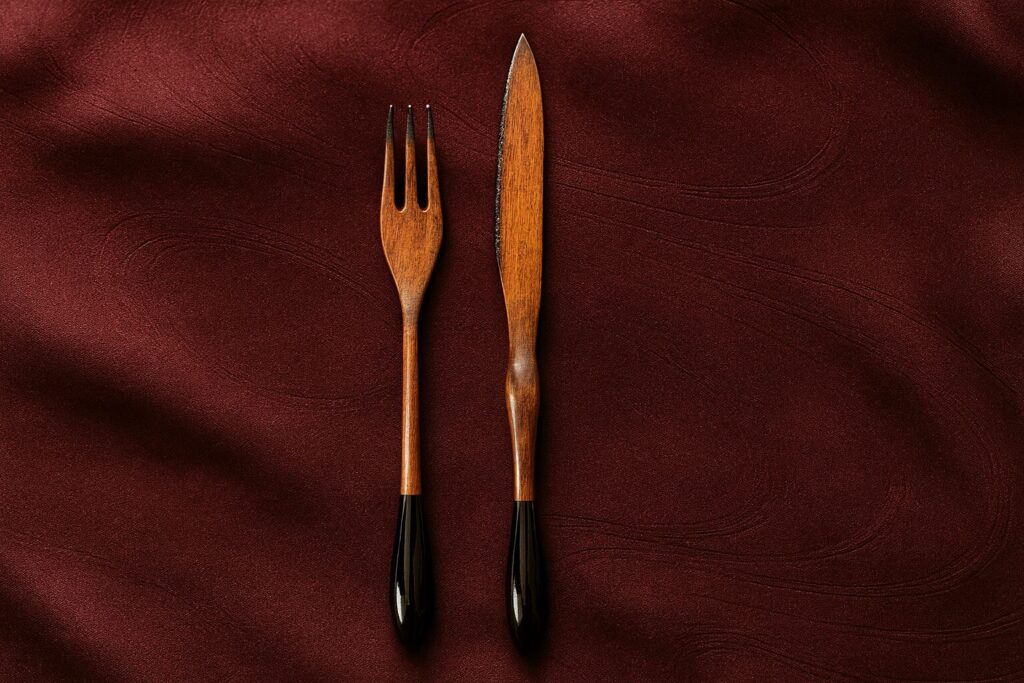 Elegant wooden fork and serrated knife set with glossy black lacquered handles on deep burgundy fabric background