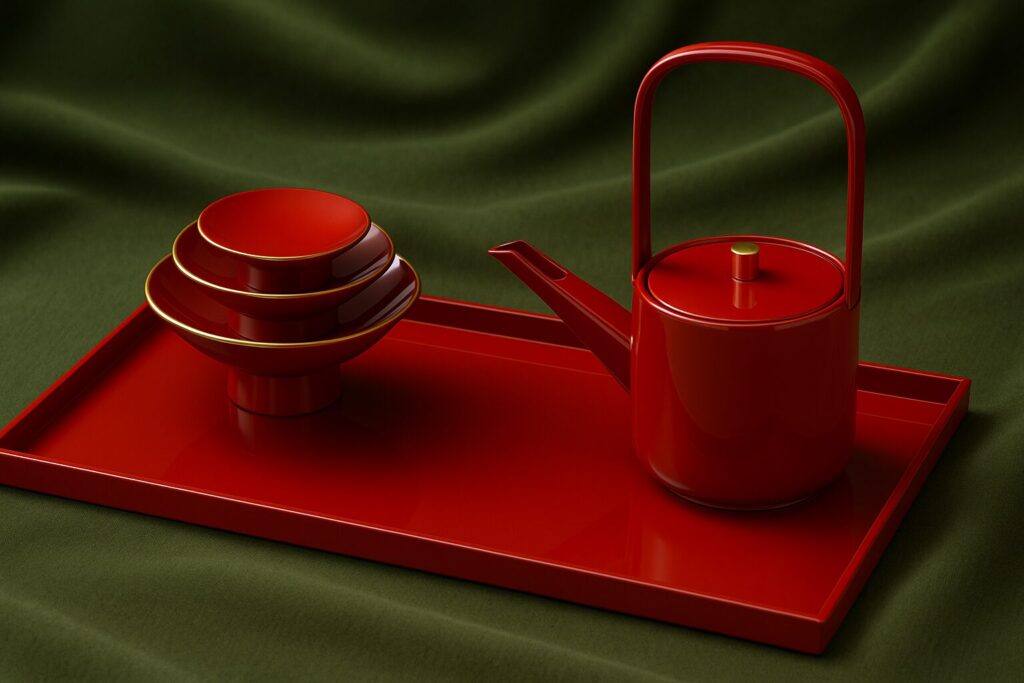 Traditional Japanese red lacquerware sake set with a lidded teapot and stacked bowls on a matching tray, displayed on a green fabric background