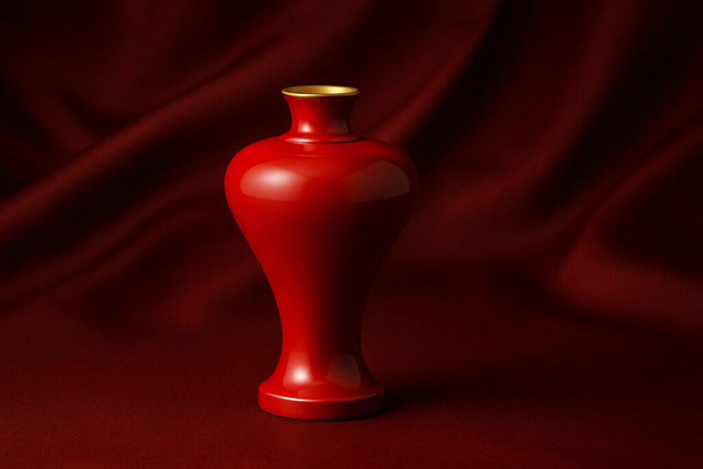Elegant red lacquer vase with gold-rimmed mouth on a rich crimson fabric background