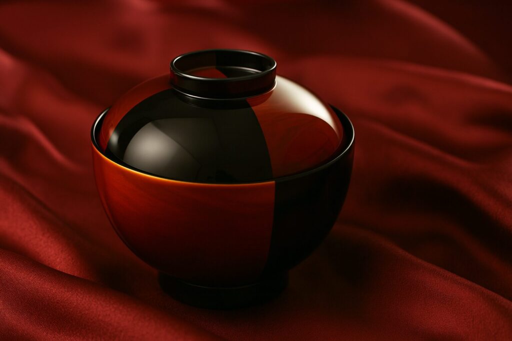 Glossy Japanese lacquer soup bowl with alternating black and vermilion panels, displayed on rich red fabric