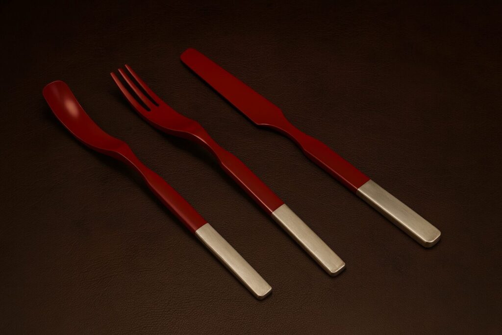 Modern red lacquer spoon, fork, and knife set with silver handles on dark leather background