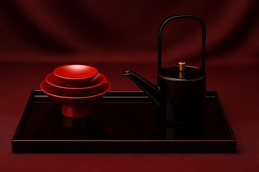 Elegant Japanese black lacquerware sake set with red lacquered sake cups and a matching tray, displayed against a deep red background