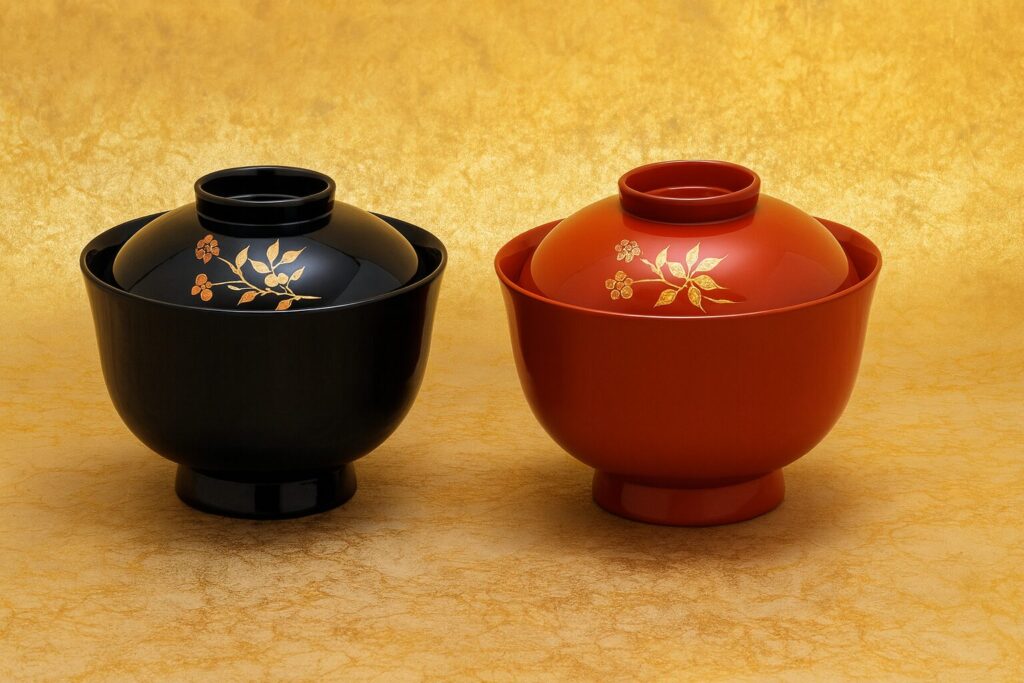 Pair of traditional Japanese lacquer soup bowls with gold floral designs, one in glossy black and the other in vibrant red, set against a golden textured background