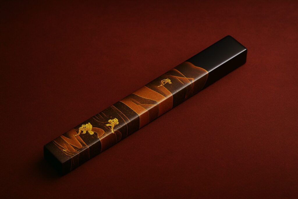 Black lacquer chopstick case with gold landscape and tree design on a brown gradient background