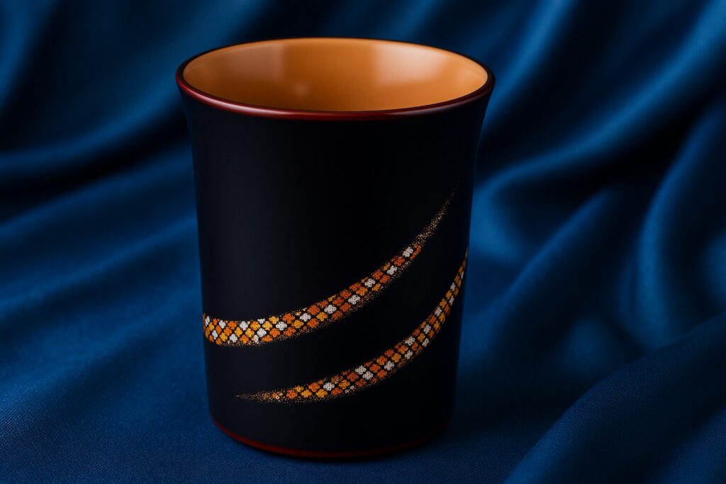 Black lacquer cup with gold and orange geometric wave pattern on blue fabric background