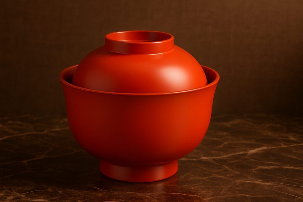 Vibrant vermilion lacquerware bowl with fitted lid displayed on a dark marble surface, representing traditional Japanese tableware design