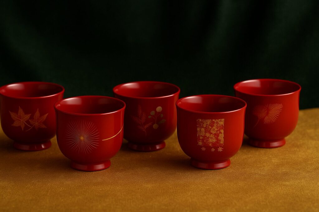Set of five red lacquer cups with delicate gold seasonal motifs on a green and gold background