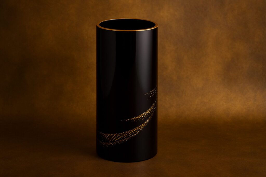 Black cylindrical lacquer vase with gold wave pattern on brown background
