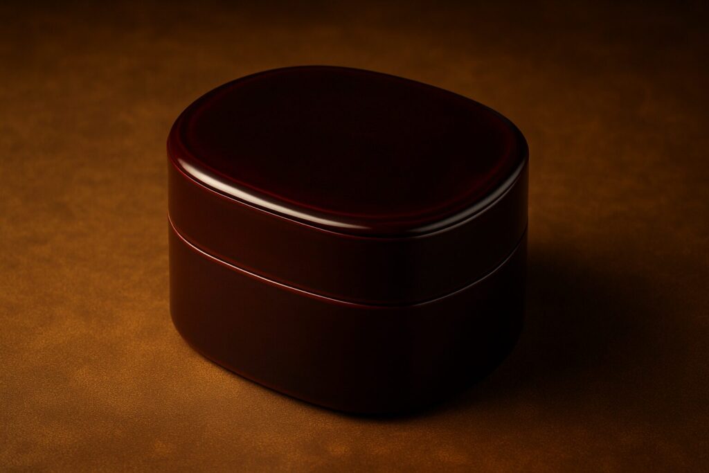 Minimalist dark burgundy Japanese lacquered box with smooth glossy finish, handcrafted using traditional urushi techniques for refined tableware or decor