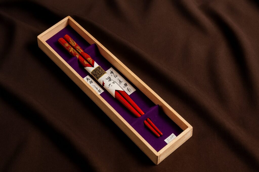 Traditional Japanese lacquered chopsticks with ornate red and gold design in wooden gift box on brown fabric background