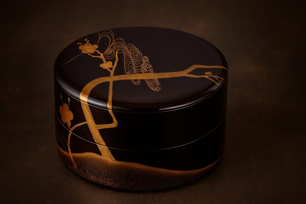 Round Japanese lacquer box with gold plum blossom and branch design