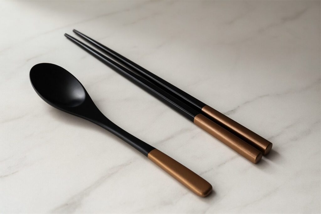Modern black lacquer spoon and chopsticks with metallic bronze handles on white marble background