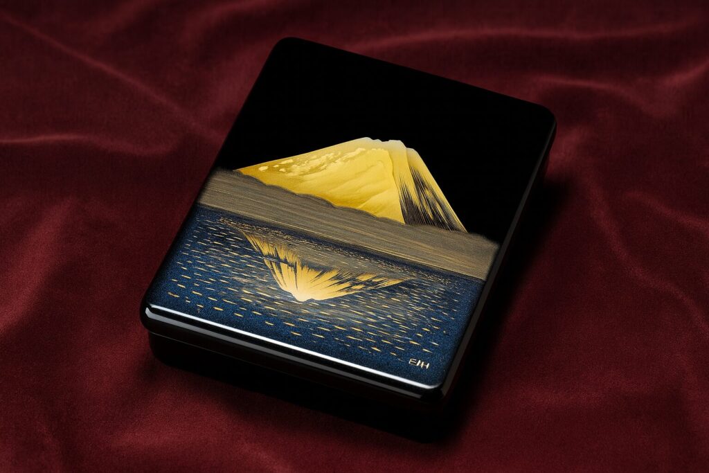 Black lacquer box with gold Mount Fuji and its reflection over blue water on a deep red fabric background