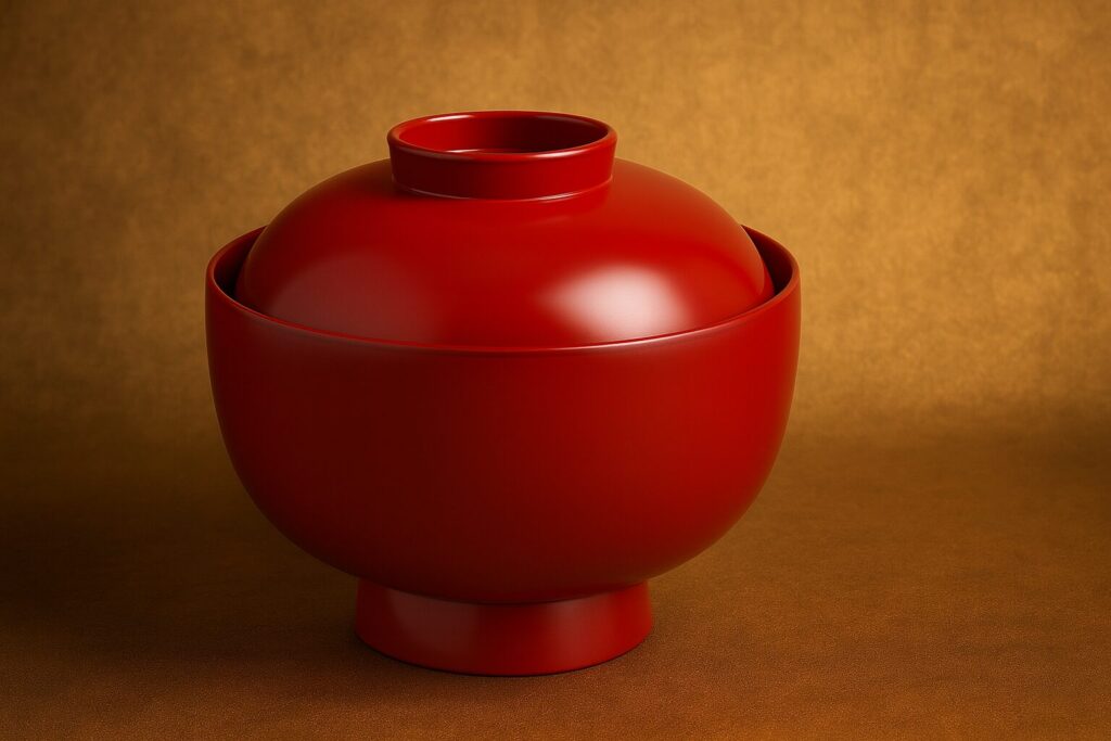 Glossy red lacquered Japanese soup bowl with fitted lid displayed against a warm golden-brown background