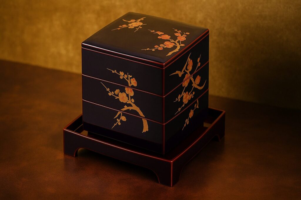 Japanese lacquer three-tiered jubako box with gold plum blossom design on wooden stand