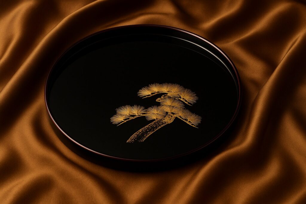 Black Japanese lacquer tray with gold pine tree motif on glossy surface, displayed on a rich bronze silk fabric background
