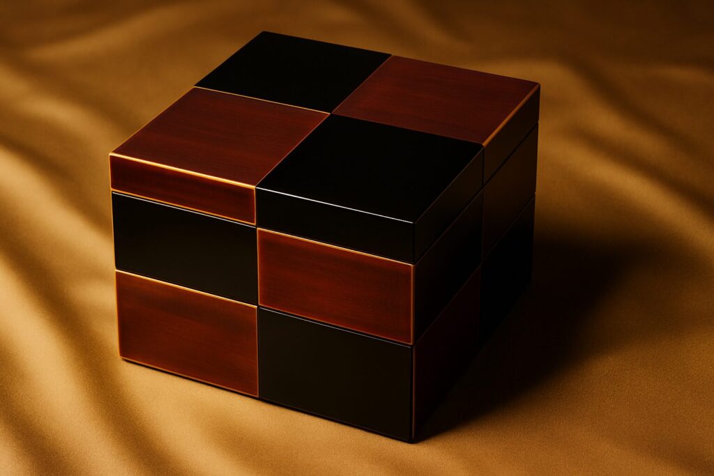 Modern Japanese lacquered box with black and brown checkered design