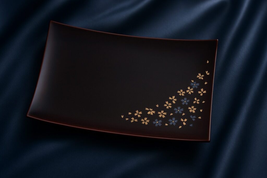 Rectangular black lacquer plate with gold and blue floral motif in one corner, placed on a dark navy fabric background