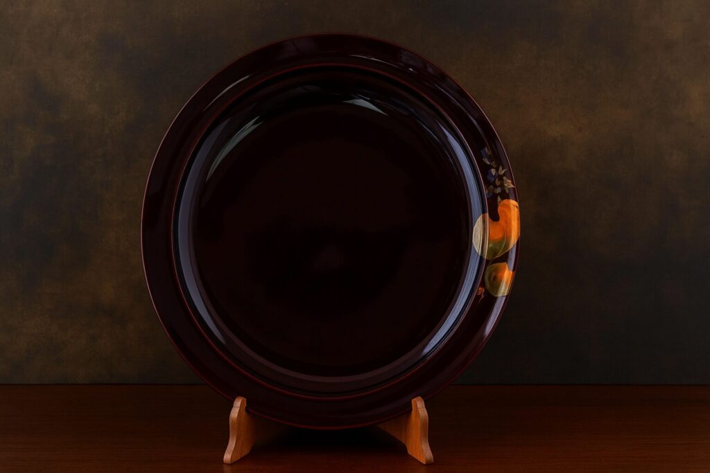Large round dark brown lacquer plate with painted gourd design on the rim, displayed on a wooden stand against a dark background