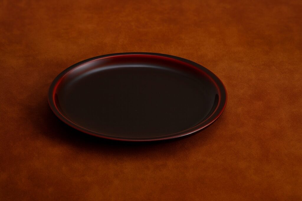 Dark brown lacquer oval plate with subtle red edging, placed on a warm brown textured surface