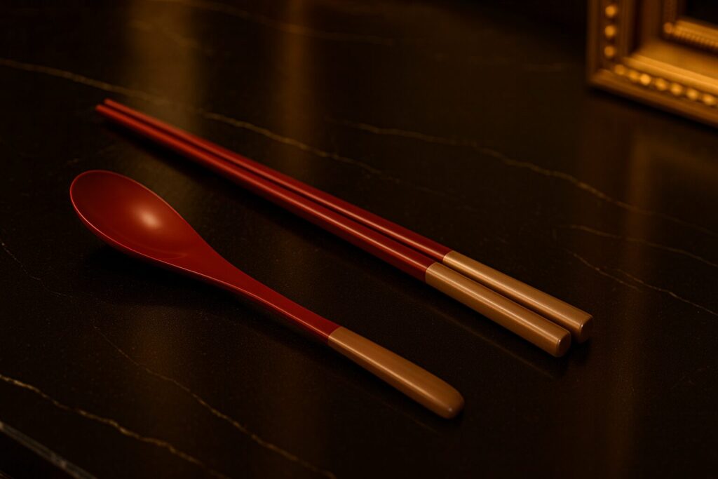 Elegant red lacquer spoon and chopsticks with beige handles on dark marble surface