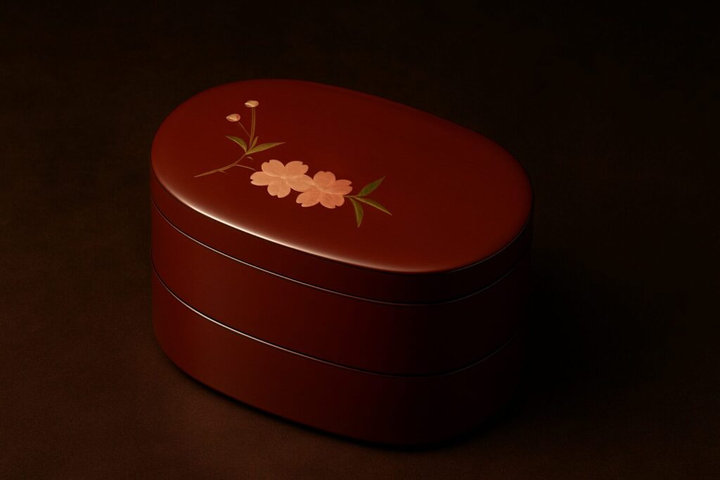 Elegant oval Japanese lacquered box in deep red with delicate pink sakura flower design, handcrafted using traditional urushi artistry for luxury dining and decor
