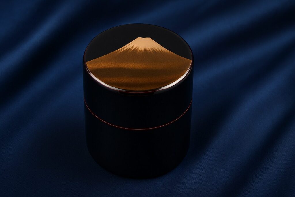Black lacquer tea caddy with gold Mount Fuji design on a deep blue fabric background
