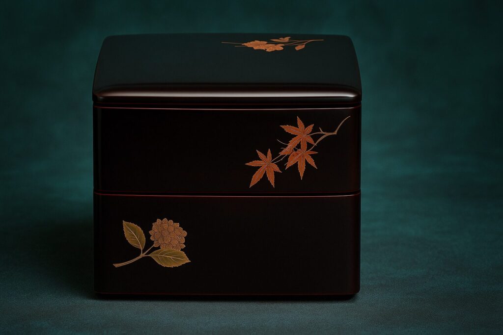 Black lacquer square box with gold maple leaves and flower design