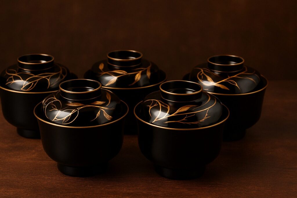 Set of five black lacquer Japanese bowls with gold vine and leaf patterns, arranged on a dark wooden surface against a brown background