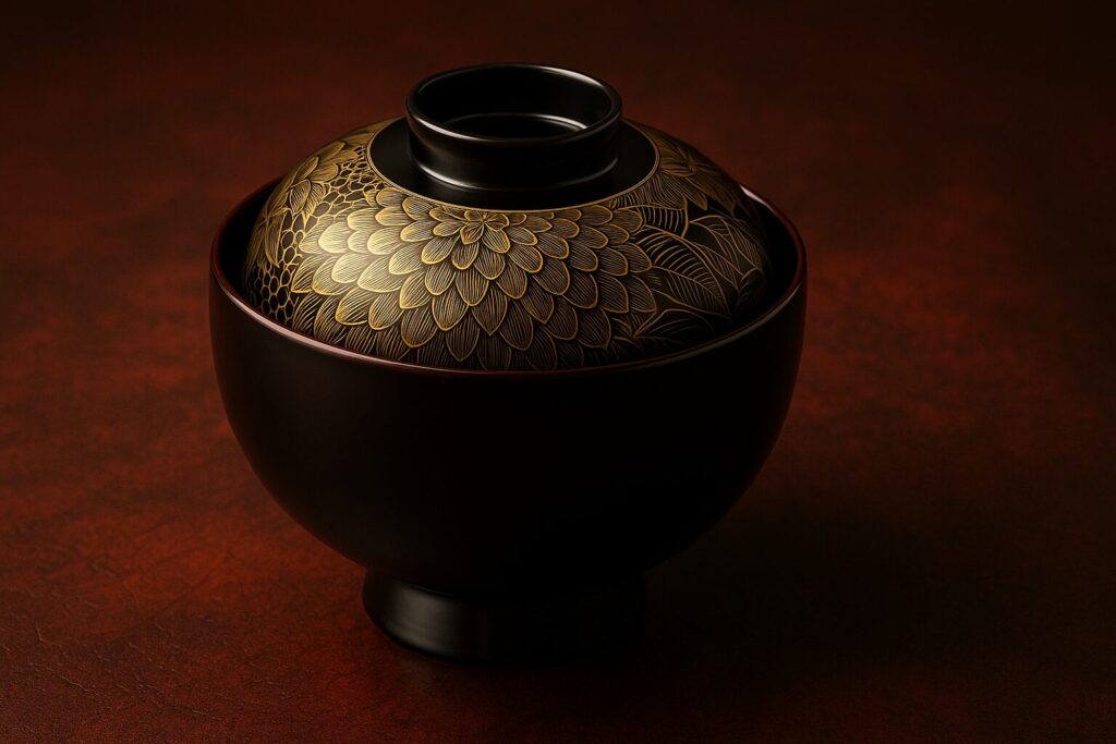 Black lacquered Japanese soup bowl with intricate gold chrysanthemum pattern on the lid, set against a deep red textured background