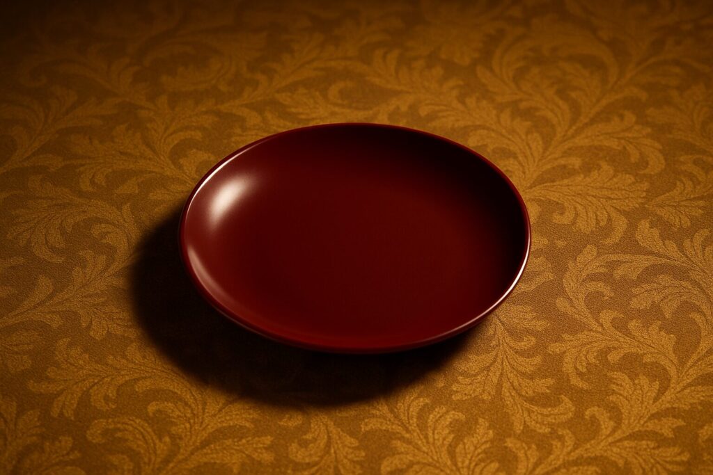 Minimalist round red lacquer plate on an ornate golden patterned fabric background
