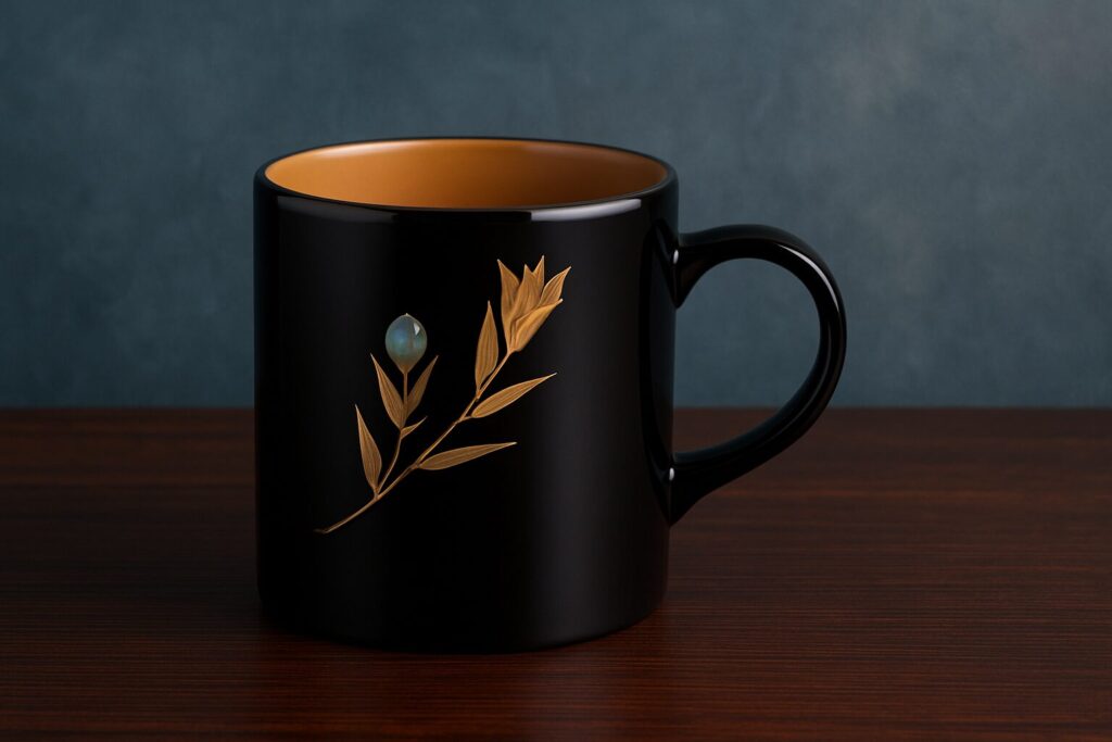 Black lacquer mug with gold floral branch and blue pearl-like accent on a wooden table