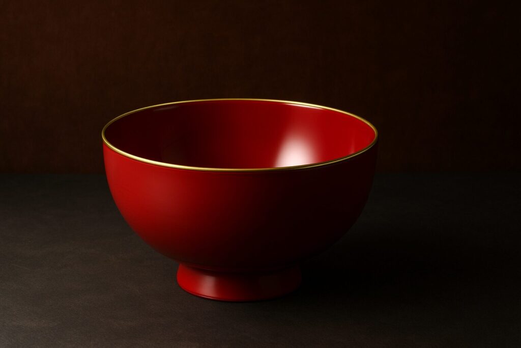 Elegant red lacquer Japanese bowl with gold rim, displayed on a dark surface against a brown background
