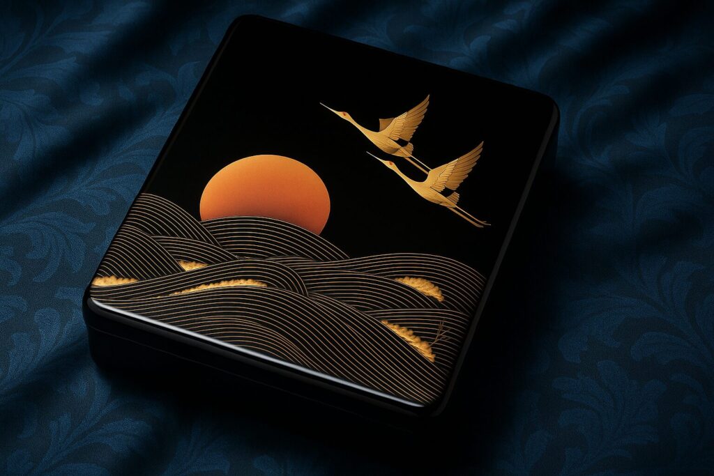 Black lacquer box with gold cranes flying over stylized waves and a red sun on a dark blue patterned background