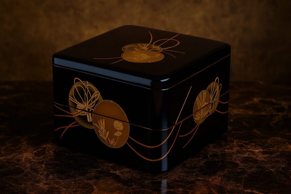 Black lacquer square box with golden circular patterns and floral motifs