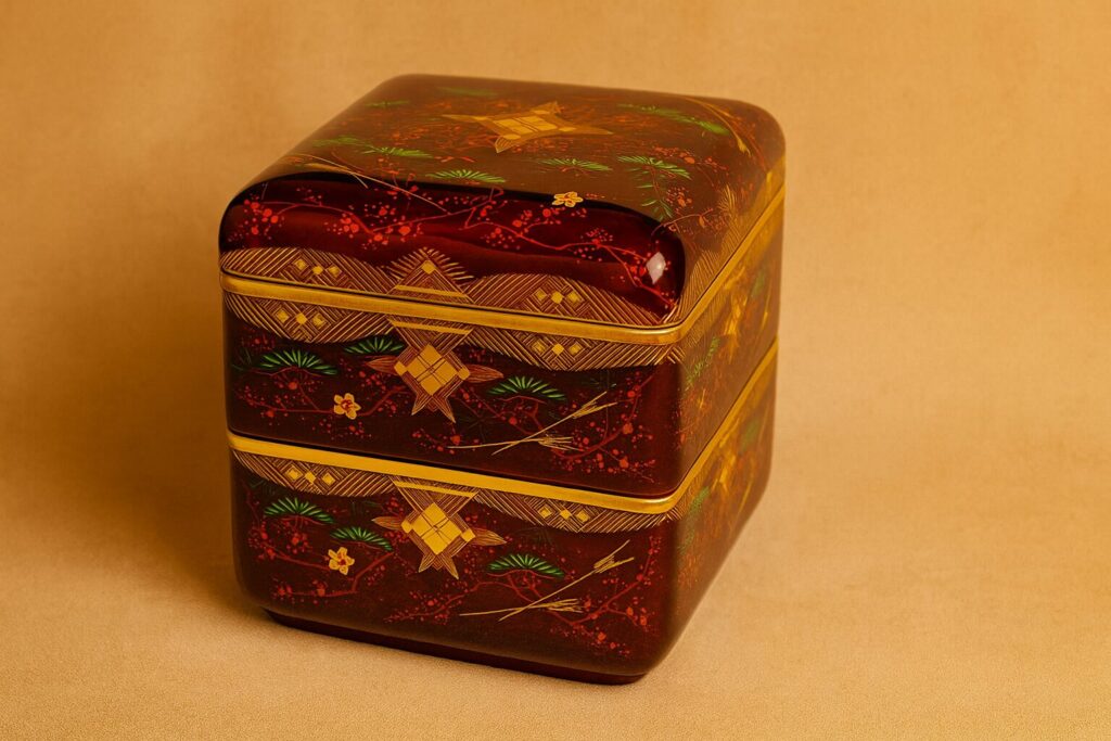 Elegant Japanese lacquered jubako food box with gold and multicolor pine and plum blossom patterns on rich burgundy surface, crafted using traditional urushi techniques