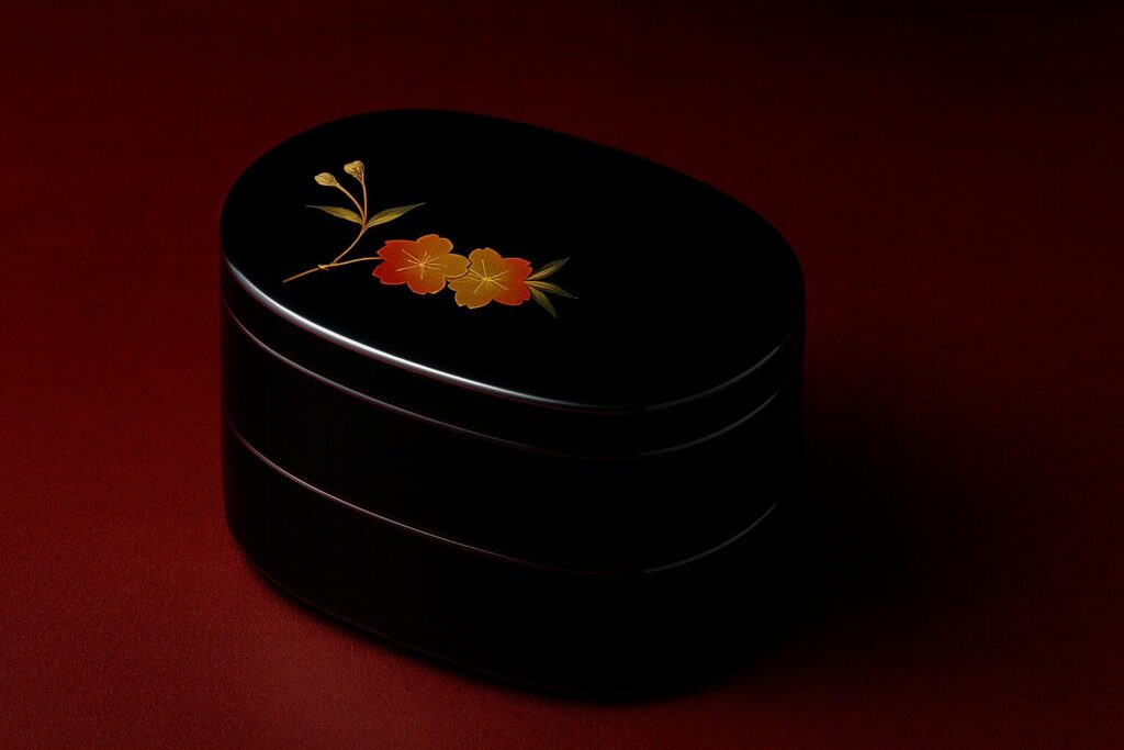 Luxurious black oval Japanese lacquered box with vibrant red and gold floral motif, handcrafted using traditional
