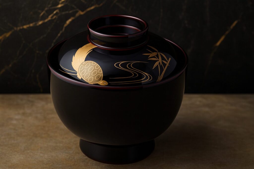 Black lacquered Japanese soup bowl with gold turtle, bamboo, and flowing water design, placed on a neutral stone surface against a dark marble background