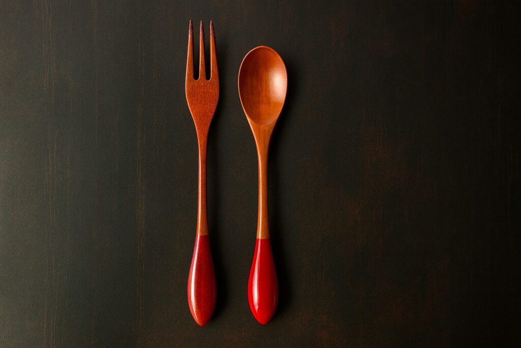 Wooden fork and spoon set with glossy red lacquered handles on dark background