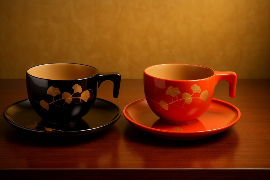 Pair of lacquer coffee cups with gold ginkgo leaf design, one in black and one in vermilion, on matching saucers