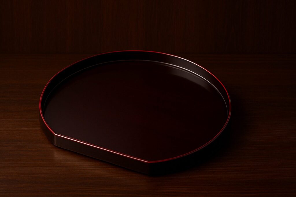 Elegant Japanese lacquer serving tray with deep burgundy finish and subtle red rim, placed on a wooden surface