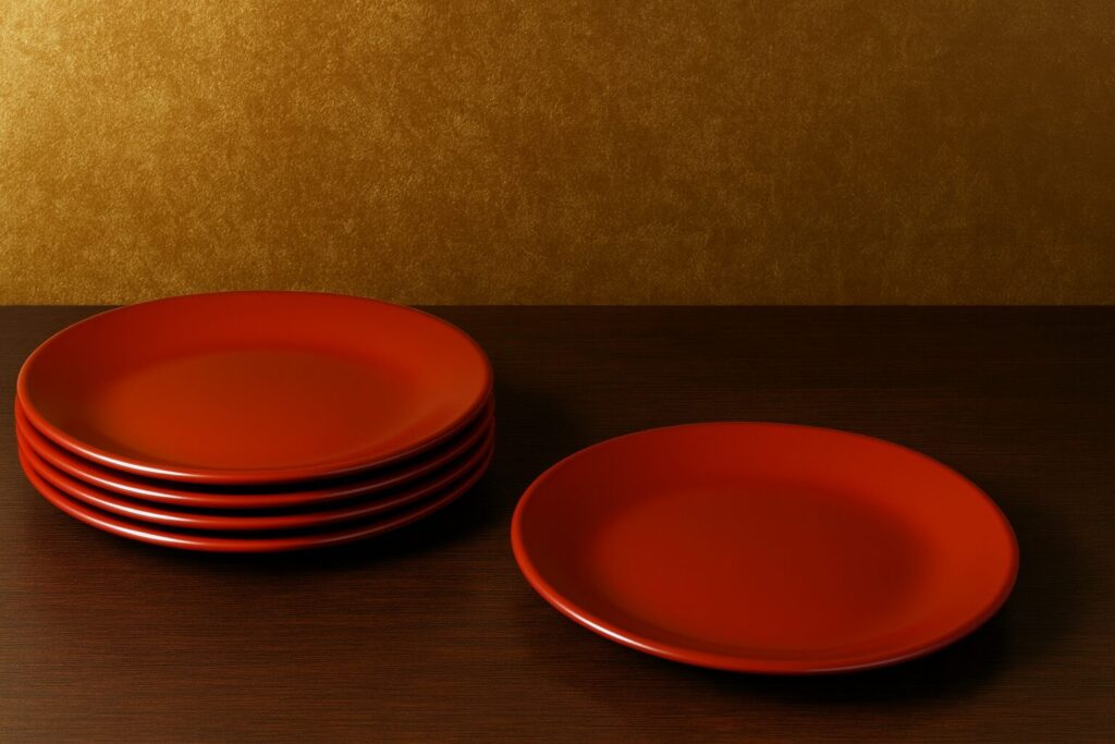 Set of vibrant red lacquer dinner plates stacked on a dark wooden table against a golden textured wall