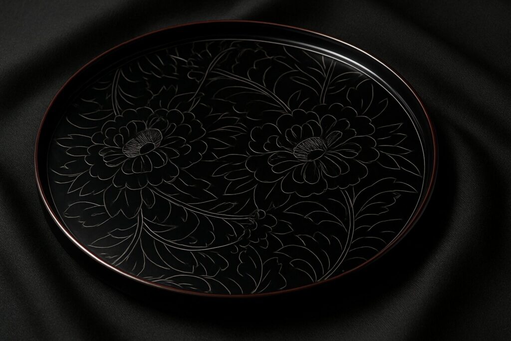 Black Japanese lacquer tray with engraved chrysanthemum flower pattern, displayed on elegant black silk fabric background