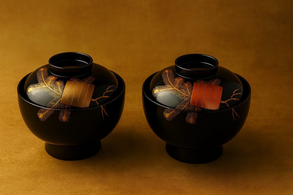 Set of two black lacquered Japanese bowls with golden pine branch and scroll motifs, displayed on a rich amber background