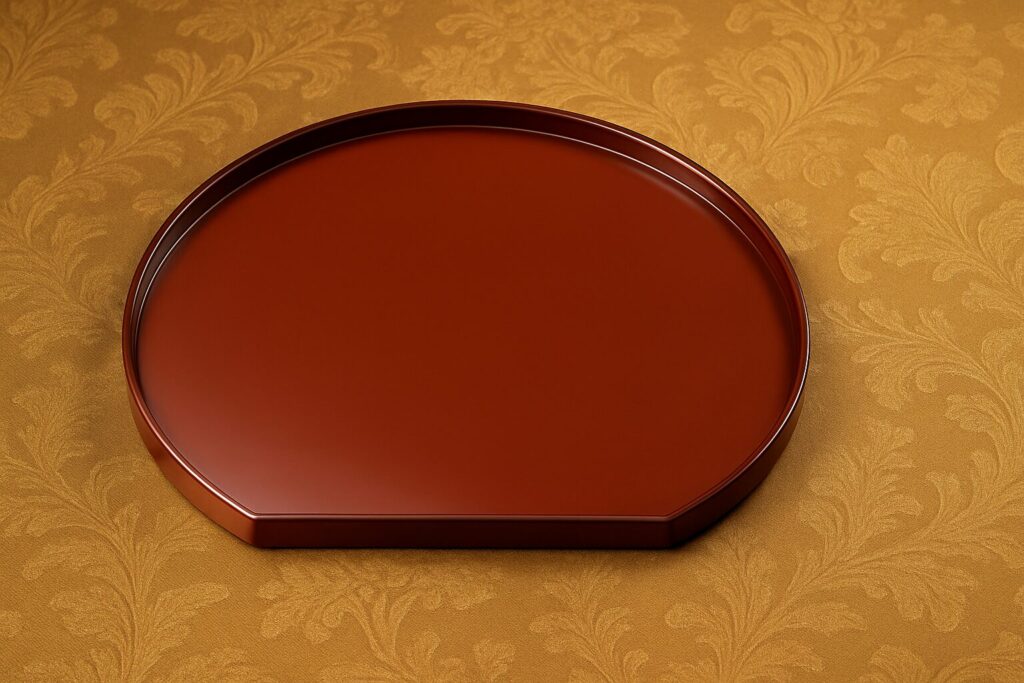 Traditional Japanese lacquerware tray in warm reddish-brown hue with semi-circular shape, displayed on gold-patterned fabric