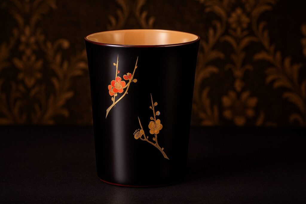 Black lacquer cup with gold and red plum blossom design on a dark floral background